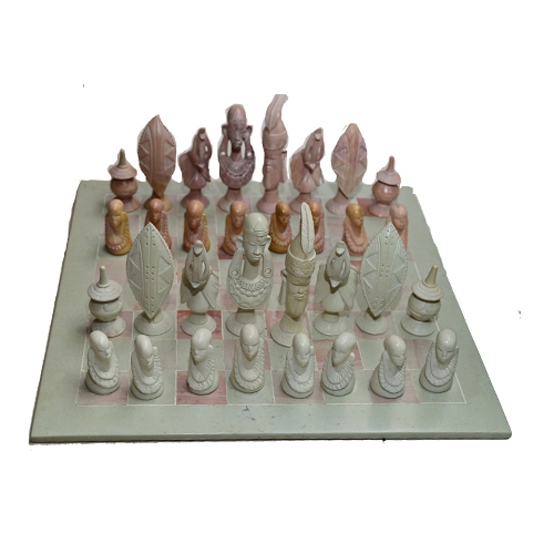 White and Brown Soapstonne Chessboard."